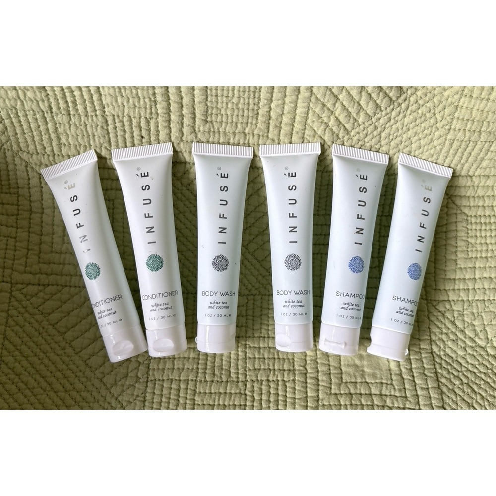 Lot of 6- Infuse Shampoo Conditioner & Body Wash White Tea&Coconut - Travel 1oz